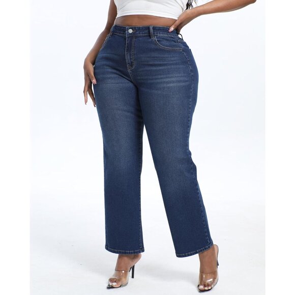 Plus Size Jeans Women Stretchy Straight Leg High Waisted Casual Denim Pockets - Picture 3 of 5